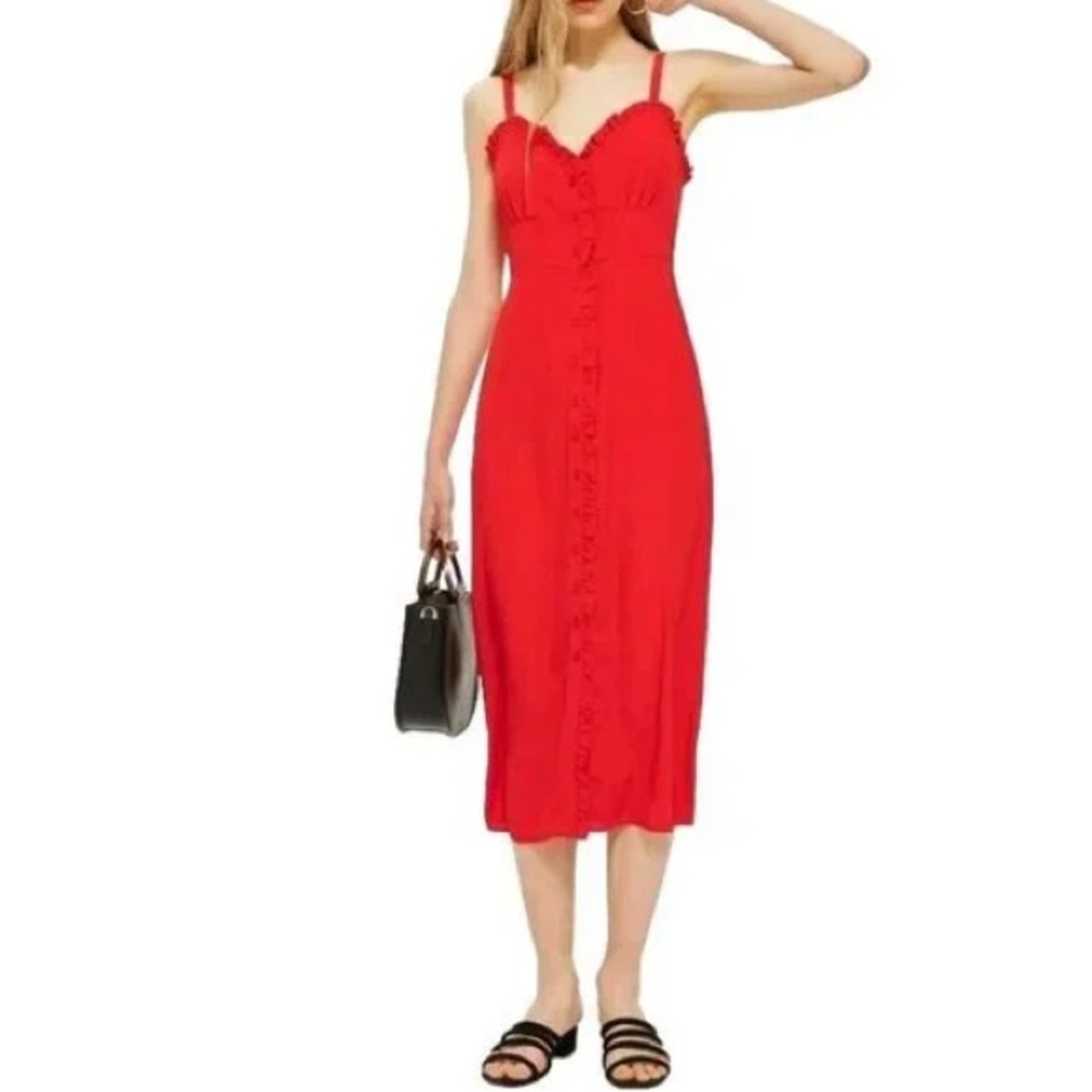 Topshop Red Midi Tank Dress Ruffle Detail Button Down Sweetheart Neckline